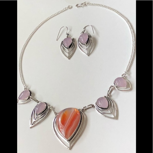 BOTSWANA AGATE AND ROSE QUARTZ EARRINGS/ NECKLACE - Picture 3 of 8